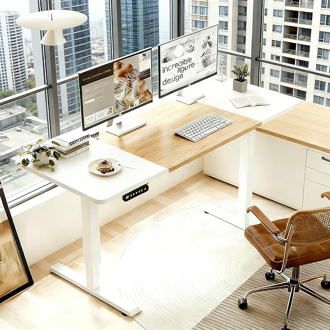 Electric Standing Desk 55 x 24 Inch Height Adjustable Desk Sit Stand Desk with Type-C Charging and Memory Preset Computer Desk for Home Office (Oak + White)