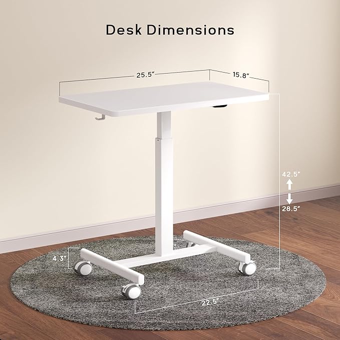 Mobile Standing Desk Small Standing Rolling Desk Portable Laptop Desk with Lockable Wheels Computer Workstations Adjustable Height White