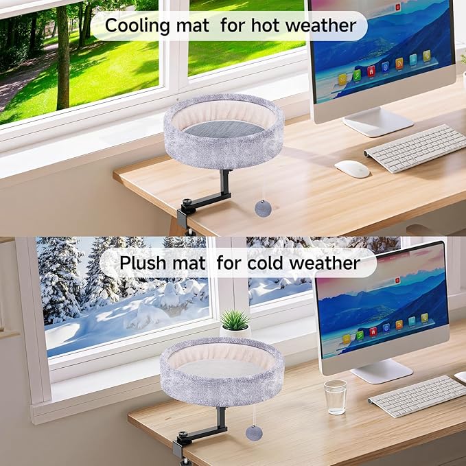 Cat Desk Bed - 360° Rotating &amp Adjustable Supports 44 lbs Soft Faux Fur with Dual-Sided Reversible Mat Modern Indoor Cat Nest Furniture for Office Desks and Game Tables Island Table