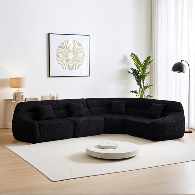 123 Oversized Boneless Chenille Curved Corner Sectional Sofa Modern Luxury 4 Pillows Modular Cloud 4-Seater Sofa High-Back Couch for Living Room (Black)