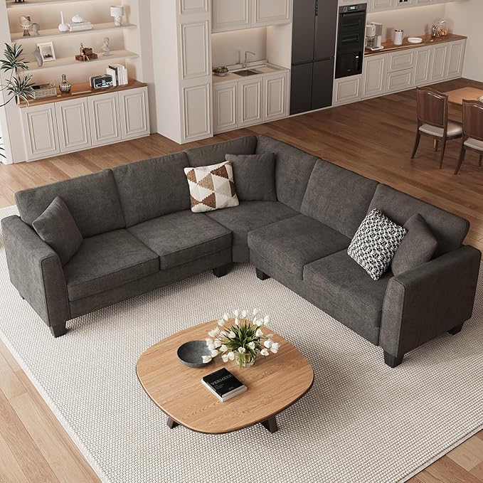 ONBRILL L Shaped Couch Small Corner Sectional Sofa for Living Room Comfy Chenille L Shape Sofa with 3 Throw Pillows Easy Assembly Convertible Sectional Sofa Couches for Apartment Grey