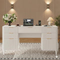White Desk with Drawers 55 Fluted Executive Desk with Storage Cabinet Wood Home Office Desk with File Cabinet Modern Computer Writing Desk for Study Living Room Bedroom
