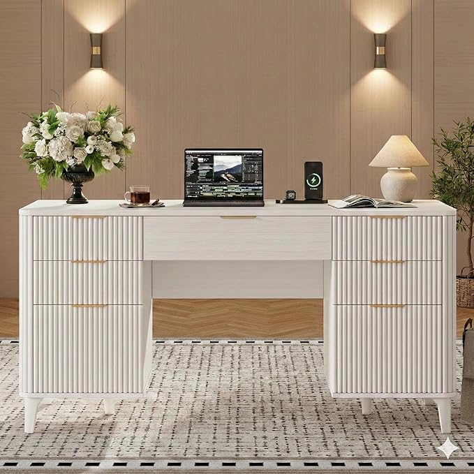 White Desk with Drawers 55 Fluted Executive Desk with Storage Cabinet Wood Home Office Desk with File Cabinet Modern Computer Writing Desk for Study Living Room Bedroom