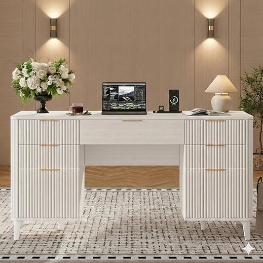 White Desk with Drawers 55 Fluted Executive Desk with Storage Cabinet Wood Home Office Desk with File Cabinet Modern Computer Writing Desk for Study Living Room Bedroom