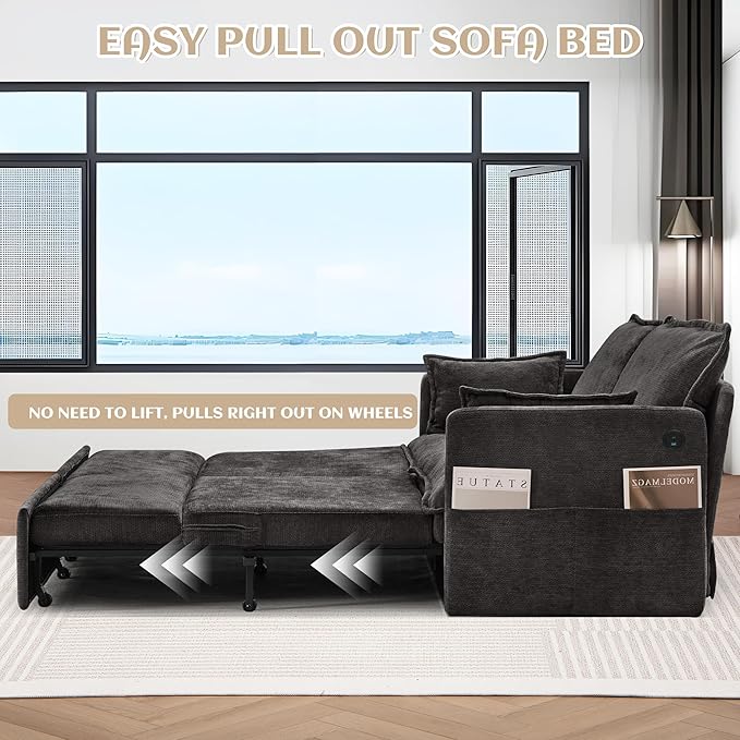 SUNWAVE 74 King Pull Out Sofa Bed - Convertible Sleeper Sofa Bed Space Saving Corduroy Loveseat Chaise Lounge with USB Charging Side Pockets for Living Room Bedroom Small Spaces(Ink 74)