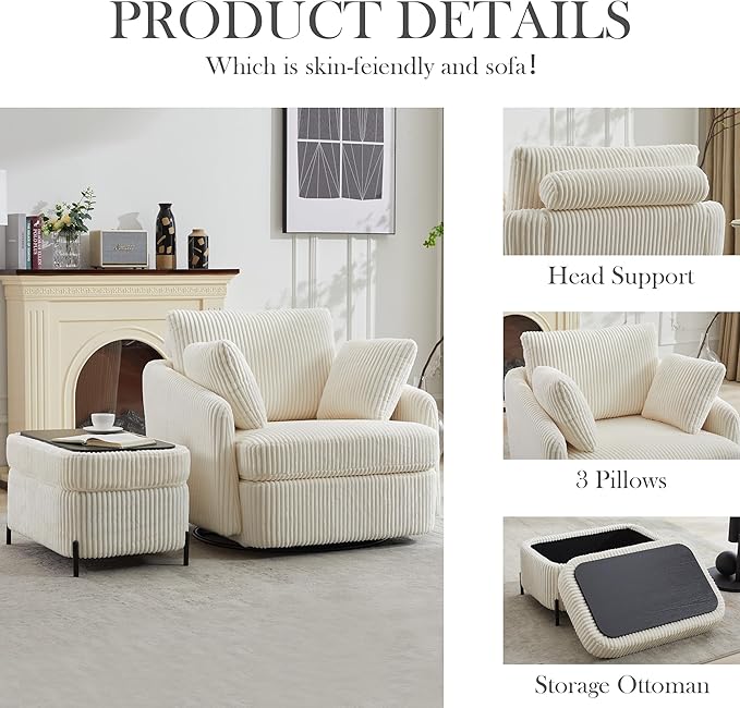 Aoiy &amp Wifon 40.55 W Oversized Swivel Chair with Ottoman Swivel Accent Chair with Ottoman for Living Room Corduroy Ivory