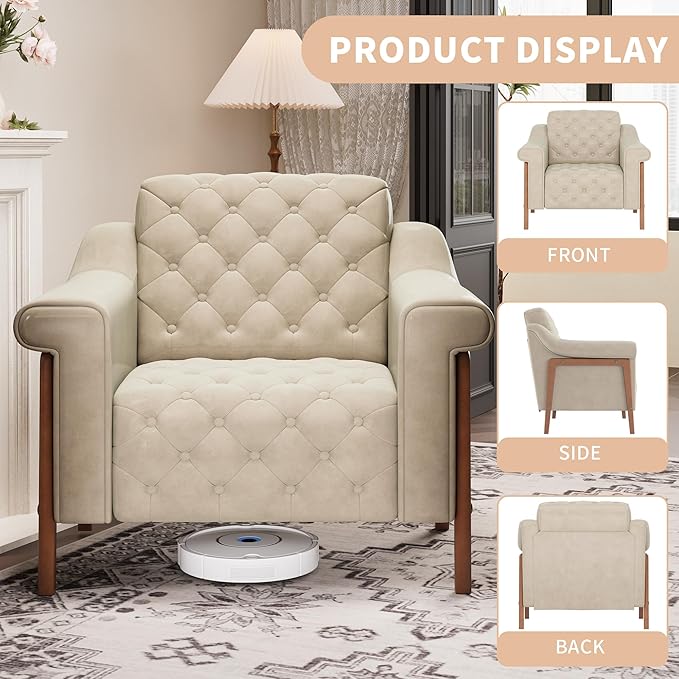 EJUNQ Cozy Accent ChairPU Leather Modern Living Room ChairsMid-Century Office Reading ChairSingle SofaArmchair for Bedroom Apartment Waiting Room(Ivory)