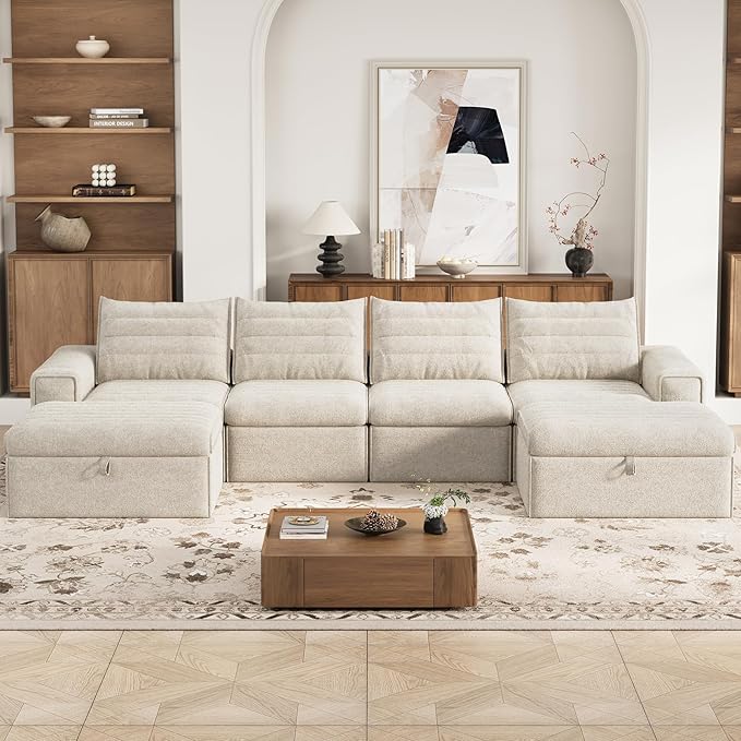 136 Modular Sectional Sofa with Deep Seat U-Shaped Cloud Couch for Living Room 4-Seater Boneless Sofa with 2 Ottomans Flexible Combination Modern Upholstery Sofa No Assembly Required Apricot