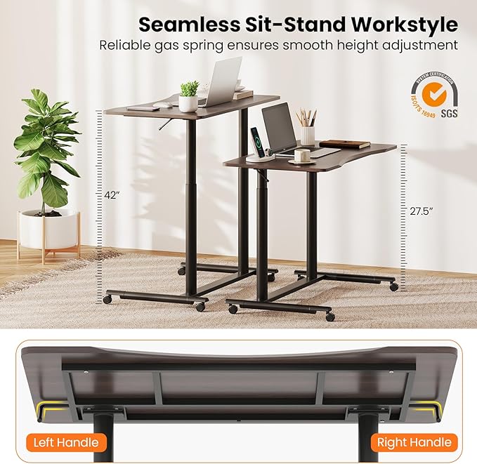 Tangkula Mobile Standing Desk C-Shaped Sit Stand Desk with Adjustable Height Lockable Wheels &amp Metal Frame Rolling Laptop Desk Portable Computer Workstation for Small Space