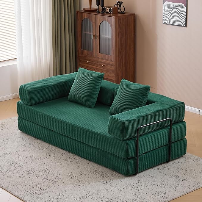 Folding Convertible Sofa Bed 4-in-1 Boneless Couch Sleeper Sofa 76.8'' Corduroy Foldable Mattress Couch with Fixed-Shape Frame Floor Sofas Modular Futon Couches for Living Room Dark Green