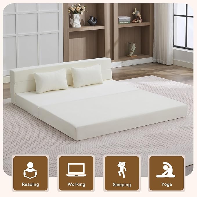 Folding Sofa Bed Convertible Floor Couch Foldable Chair Bed with PillowLinen Sleeper Chair FutonFoldable Memory Foam Mattress for Bedroom/Living Room/Dorm/Office (Beige Queen)
