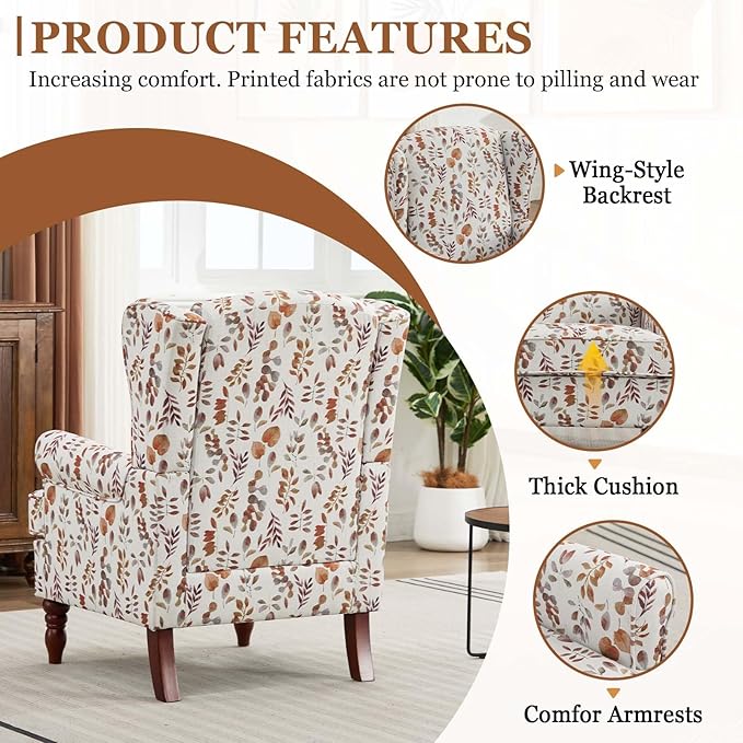 Vintage Floral Accent Chair Wingback Chair with Arms for Living Room Antique Occasional Side Chair|High Back|Ticken Seat Cushion|Fabric Upholstered (Blue) (Brown Yellow A)