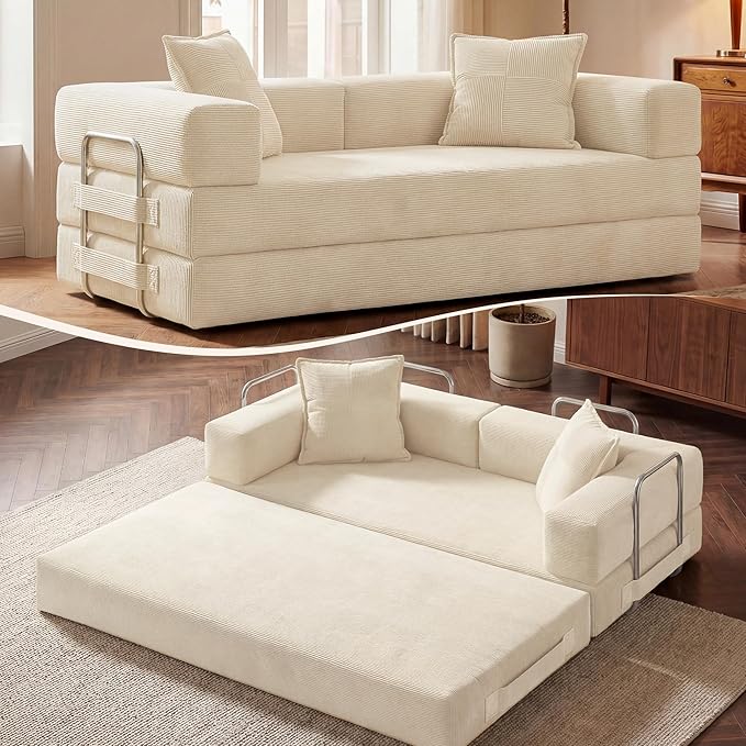 Convertible Sofa Bed78 Inch Folding Futon Sofa BedSleeper Sofa Bed with Fixed-Shape FrameBoneless Couch Loveseat with Pull Out Bed for Living Room with 2 PillowsNo Assembly Required Beige | Tool-