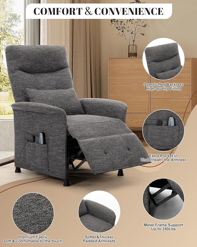 Power Recliner Chair for Adults - Electric Reclining Sofa with Side Pocket &amp Remote Adjustable Recliner for Living Room or Home Theater Seating