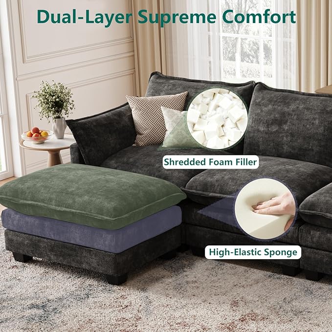 Modular Sectional U Shaped Sofa Couches for Living Room Cloud Couch with Movable Ottoman Comfy Chenille Sofa with Pillow for Bedroom and ApartmentBlack