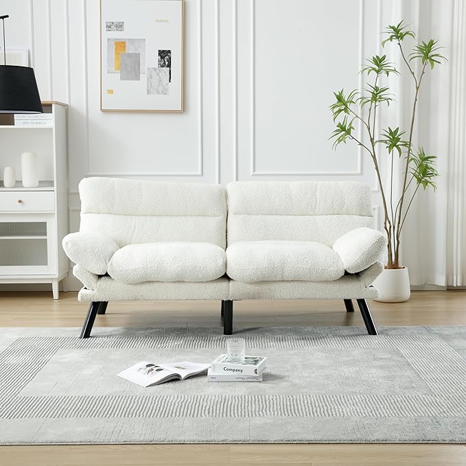 70“Futon Sofa Bed White Convertible Folding Futon Small Couch Breathable SmallUpholstered Double Loveseat Bed for Compact Living Studio in Room and Bedroom Offices Dorm (White Teddy Velvet)