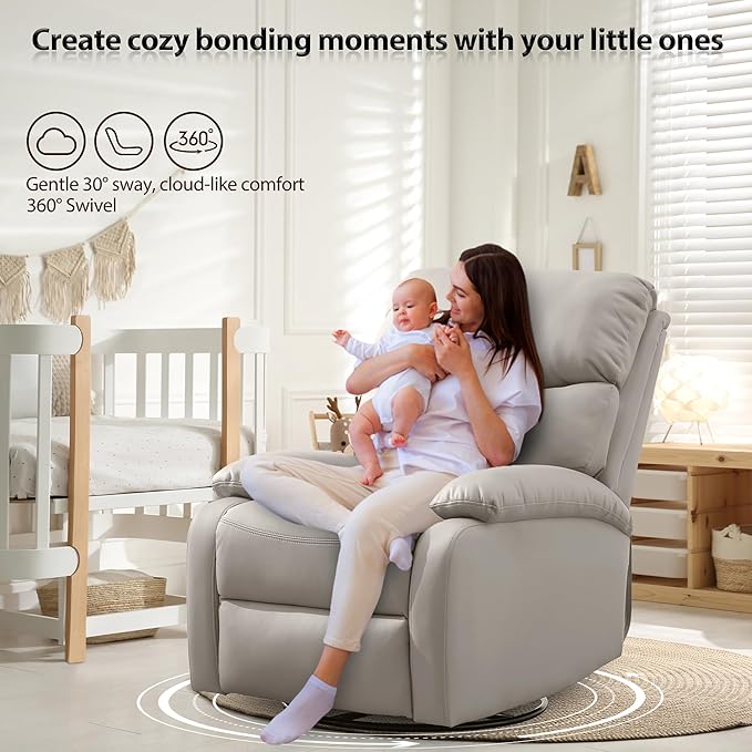 Genuine Leather Swivel Recliner Rocking Reclining Chair for Heavy Duty Adults 350LBS Manual Swivel Rocker Recliner Chair for Living Room Bedroom RV Nursery Beige