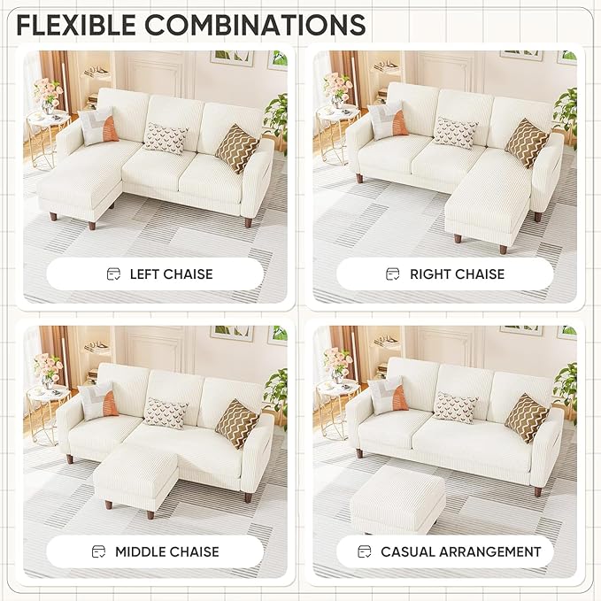 Homall Convertible Sectional Sofa 3 Seat L Shaped Couch with Side Storage Pocket Sofas with Movable Ottoman Corduroy Small Couches for Living Room &amp Apartment (Corduroy Beige)