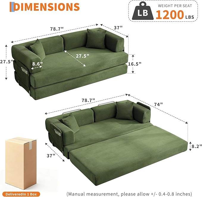 Convertible Sleeper Sofa Bed 78.8 Floor Sofa Bed 5-in-1 Folding Mattress Couch Loveseat with Fixed-Shape Frame Pillow Corduroy Fabric for Living Room Bedroom Lounge Green