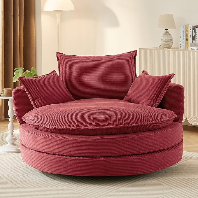 360°Swivel Accent Barrel Chair with Dual Layer Cushion 57.5 Oversized Circle Sofa Chairs with 3 Pillows Modern Round Corduroy Chaise Lounge for Office Bedroom Living Room Red