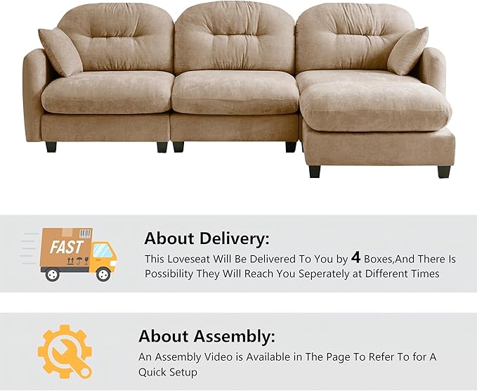 mikibama 107 Chenille Cloud Sofa Couch with OttomanModern Modular Sectional 3 Seater L-Shaped Sofas with Deep SeatChic L Shape Couch with Chaise Lounge &amp Curved Arms for Living Room(Camel3S+1O