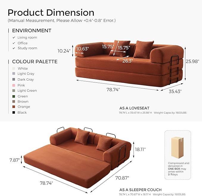 79 Convertible Sofa Bed with Fixed-Shape Frame &amp Removable Armrests Modular Corduroy Sleeper Sofa Folding Mattress Couch for Small Spaces - No Assembly Needed in Orange (Includes 2 Pillows)