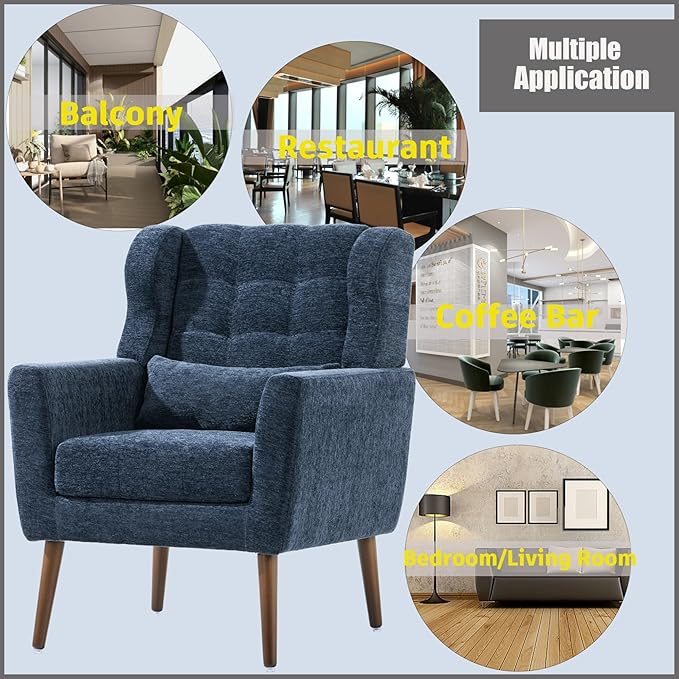 KEIKI Modern Accent Chair Chenille Armchair with Pillow Upholstered Arm Chairs with Solid Wood Legs Soft Padded Lounge Chair Mid Century Reading Chair for Living Room Bedroom Dark Blue