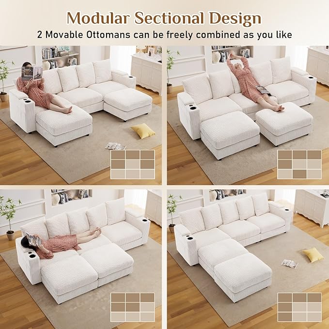 110 Oversized Cloud Couch U Shaped Modular Sectional Sofa L Shaped Sectional Couches for Living Room Comfy Corduroy Cloud Sofa with Ottoman USB Port Cup Holder Armrest Storage Side Pocket Beige
