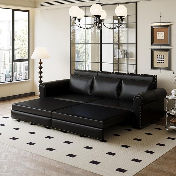 JOYBASE Pull Out Sofa Bed King-Size Convertible Sleeper Sofa Modern 3-Seater Faux Leather Couch with Nailhead for Living Room Office Apartment (Black)