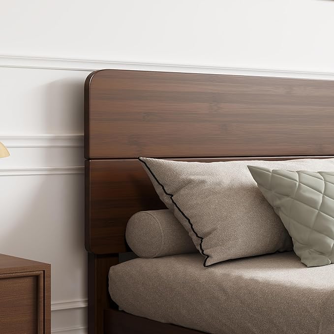 14in High Solid Bamboo Wood Platform Twin XL Bed Frame with Headboard Reinforced Heavy Duty Metal Slats Noise Free No Box Spring Needed Easy Assembly Walnut