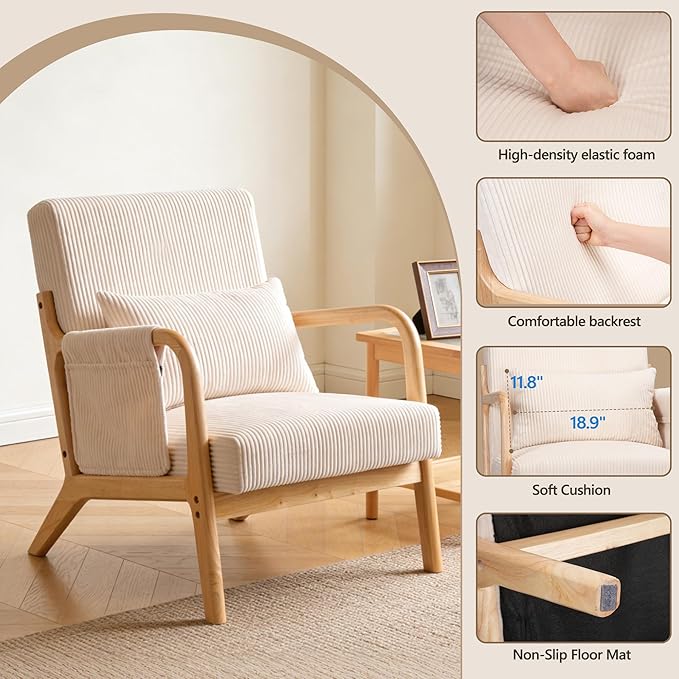 Accent Chair Mid Century Modern Chair with Side Storage Pocket Upholstered Living Room Chairs Armchair Lumbar Cushion &amp Solid Wood Frame for Bedroom Easy Assembly Beige