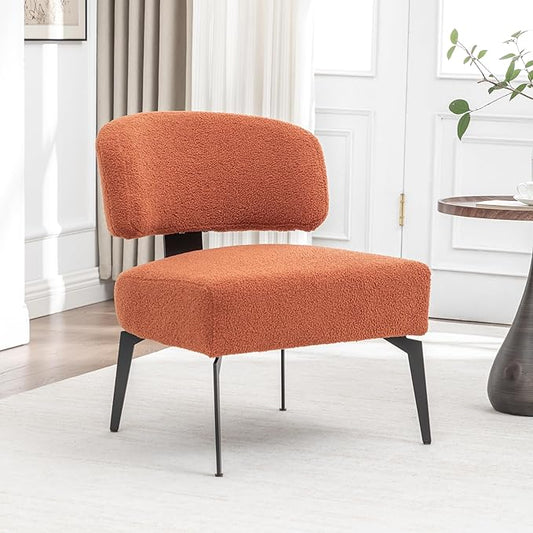 Modern Sherpa Accent Chair Round Boucle Upholstered Barrel Arm Chair for Small Spaces Fluffy Side Corner Sofa Chair for Living Room Bedroom Vanity Office Reading Room(Orange)