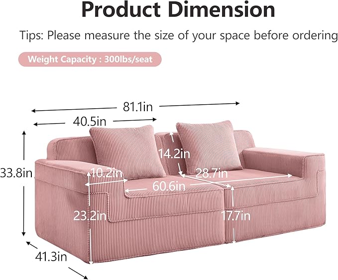 Loveseat Boneless Sofa Couches for Living Room-81 Pink 2 Seater Cloud Couch-No Assembly Required Modular Corduroy Full Sponge Compression Sofas for House Apartment