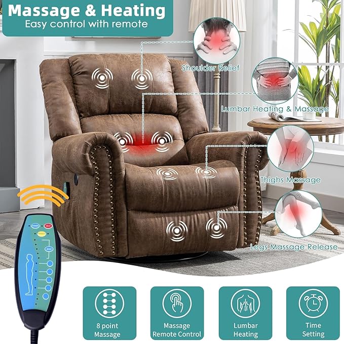 MEETWARM Oversized Massage Rocking Recliner Chair with Heat Manual Glider Swivel Rocker Recliner with High Back 360°Swivel Nursery Reclining Sofa with Remote Control/USB Port for Living Room(Brown)