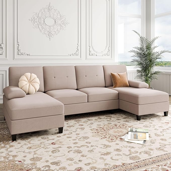 Shintenchi U-Shaped Sectional Couches for Living Room 4 Seat Sofa with Double Chaise LoungesSolid Wood Frame Sectional Sofa for ApartmentBeige