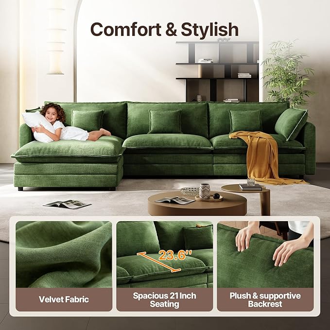 102'' Modular Sectional Sofa Green Couch Cloud Couches for Living Room L Shaped Couch with Movable Ottoman Modern Cloud Sectional Sofas for Bedroom and ApartmentGreen