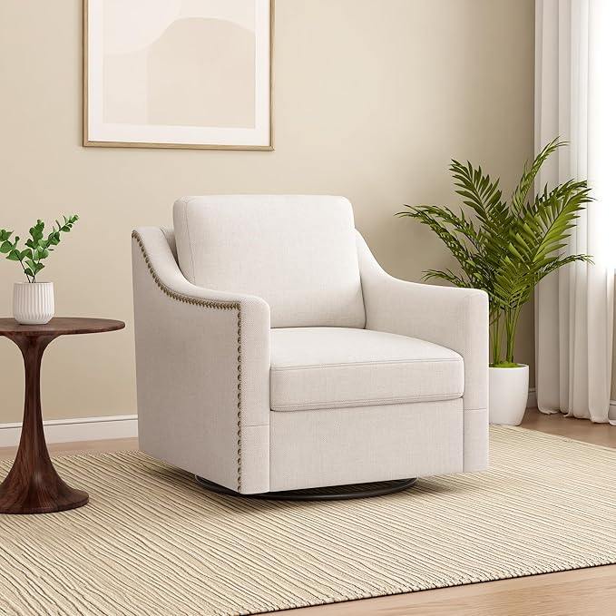 Swivel Accent Chairs for Living Room 360° Swivel Upholstered Club Armchairs with Nailhead Trim Metal Swivel Base Linen-Textured Fabric – White