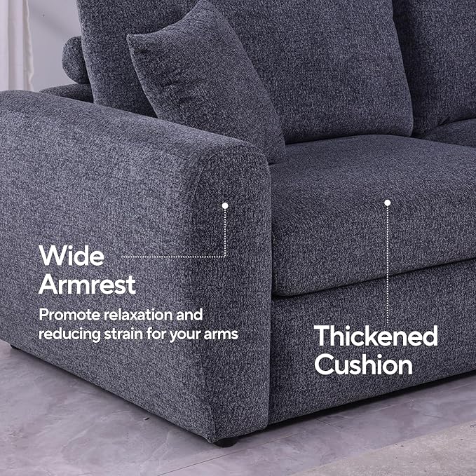 Modern Gray Chenille Fabric Sofa 86.2 L x 35.4 W x 33.8 H 3-Seater with Deep Seats and Wide Armrests