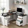 59 Fluted L Shaped Executive Desk with 6 DrawersHome Office Desk with Double Layer ShelfCorner Computer Desk with Power OutletsFile Cabinet StorageWood Computer Desk with Monitor StandWhite