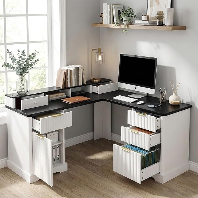 L-Shaped Fluted Office Desk with USB Charging Station Removable Monitor Stand File Drawer &amp Adjustable Storage Cabinet Modern Corner Computer Desk
