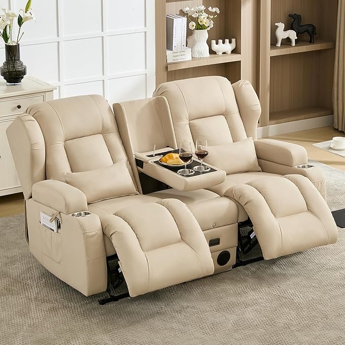 URRED Manual Loveseat Recliner Sofa with Console Rocker Recliner Couch with Bluetooth Speakers USB Ports &amp AC Outlets Cup Holders and Side Pocket for Living Room &amp Home Theater (Leathaire B