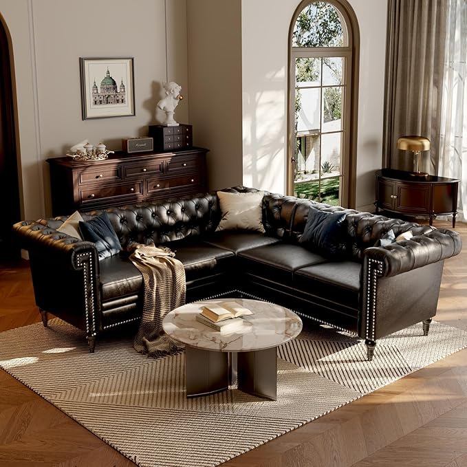 Faux Leather Sectional Sofa for Living Room Modern Chesterfield Reversible L Shaped Couch with Rolled Arms and Nailhead 5 Seat Corner Sofa Couch for Small or Large Space (Black)