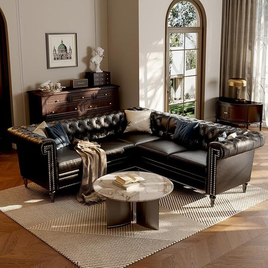Faux Leather Sectional Sofa for Living Room Modern Chesterfield Reversible L Shaped Couch with Rolled Arms and Nailhead 5 Seat Corner Sofa Couch for Small or Large Space (Black)