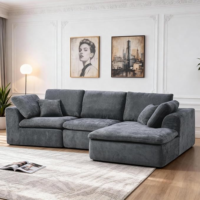 Boneless Sectional with Chaise 110 L-Shaped Cloud Couch for Living Room Deep Seat Chenille Floor Sofa Frameless Modular Lounge Set (Dark Gray Right Facing Chaise)