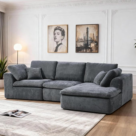 Boneless Sectional with Chaise 110 L-Shaped Cloud Couch for Living Room Deep Seat Chenille Floor Sofa Frameless Modular Lounge Set (Dark Gray Right Facing Chaise)