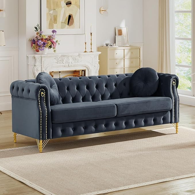 Mid Century Modern Chesterfield Couch Velvet Sofa with Button Tufted &amp Rivet Upholstered Comfy Sofa with Armrest Ring &amp Gold Leg Cozy Cloud 3-Seater Couch for Living Room(82 W Black)