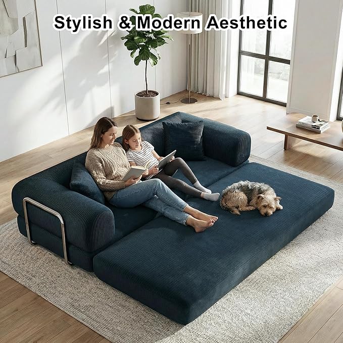 4‑in‑1 Futon Sleeper Bed Queen 78Inch Convertible Floor Sofa Couch with L‑Shaped Armrests Space-Saving Sofa Bed Foldable Mattress Lounge for Living Room Bedroom