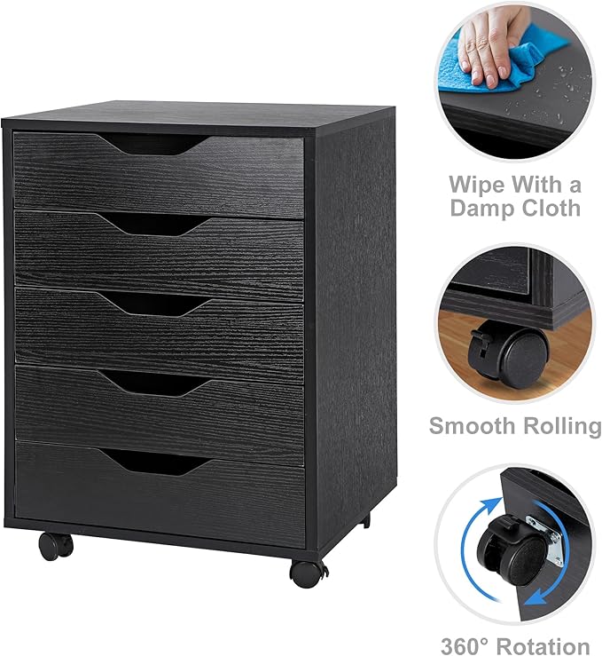 SUPER DEAL 5 Drawer File Cabinet for Home Office Wood Under Desk Filing Cabinet Mobile Printer Stand Rolling Storage Organizer with Lockable Casters for Apartment Small Spaces Black