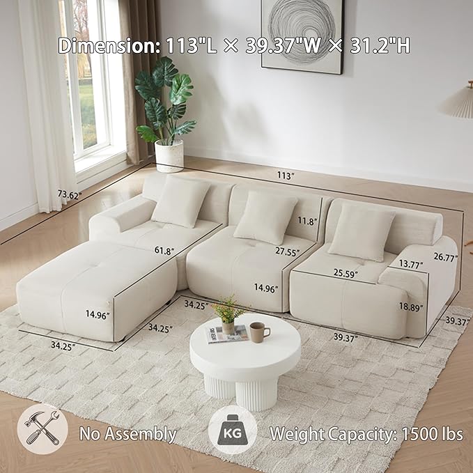 110 Cloud Sectional Couches for Living Room Modern Modular L-Shape Sofa Couch with Chaise 3 Seater Modular Sectional SofaNo Assembly Required (114beige)
