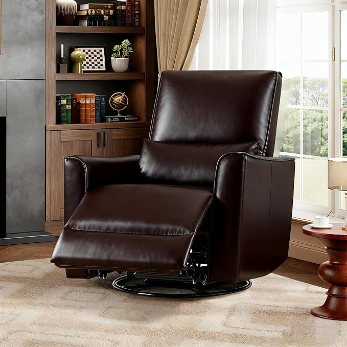 GAOMON Swivel Rocking Recliner Chair Manual Leather Recliner Glider with Lumbar Support &amp Padded Armrest Comfortable Rocker Nursery Single Sofa for Living Room and Bedroom (Dark Brown)